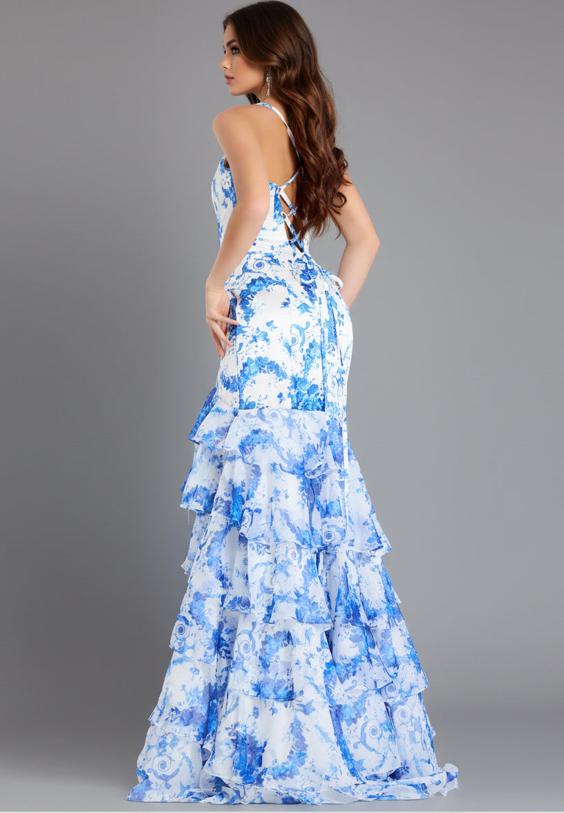Jovani 48331 - Lace-Up Back Ruffle Trumpet Gown Prom Dresses Slit In Blue 