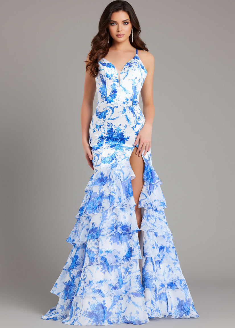 Jovani 48331 - Lace-Up Back Ruffle Trumpet Gown Prom Dresses Slit In Blue 