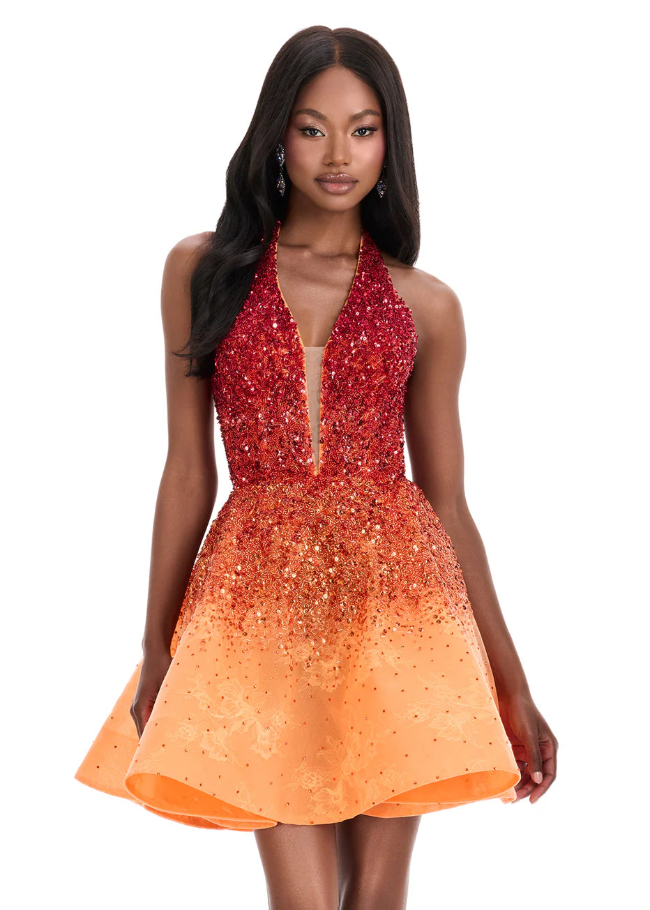 Ashley Lauren 4833 - Plunging Halter Ombre Beaded Dress