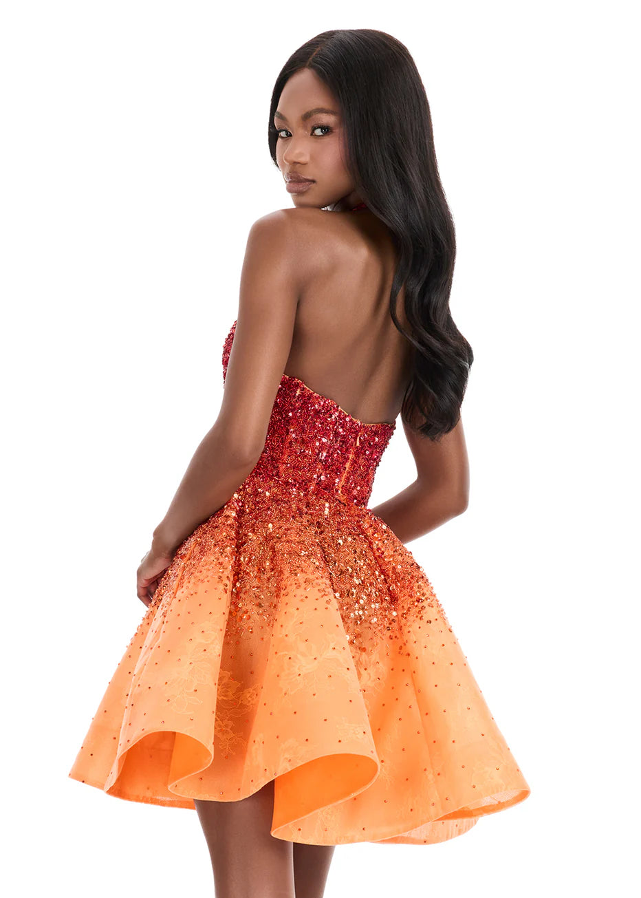 Ashley Lauren 4833 - Plunging Halter Ombre Beaded Dress