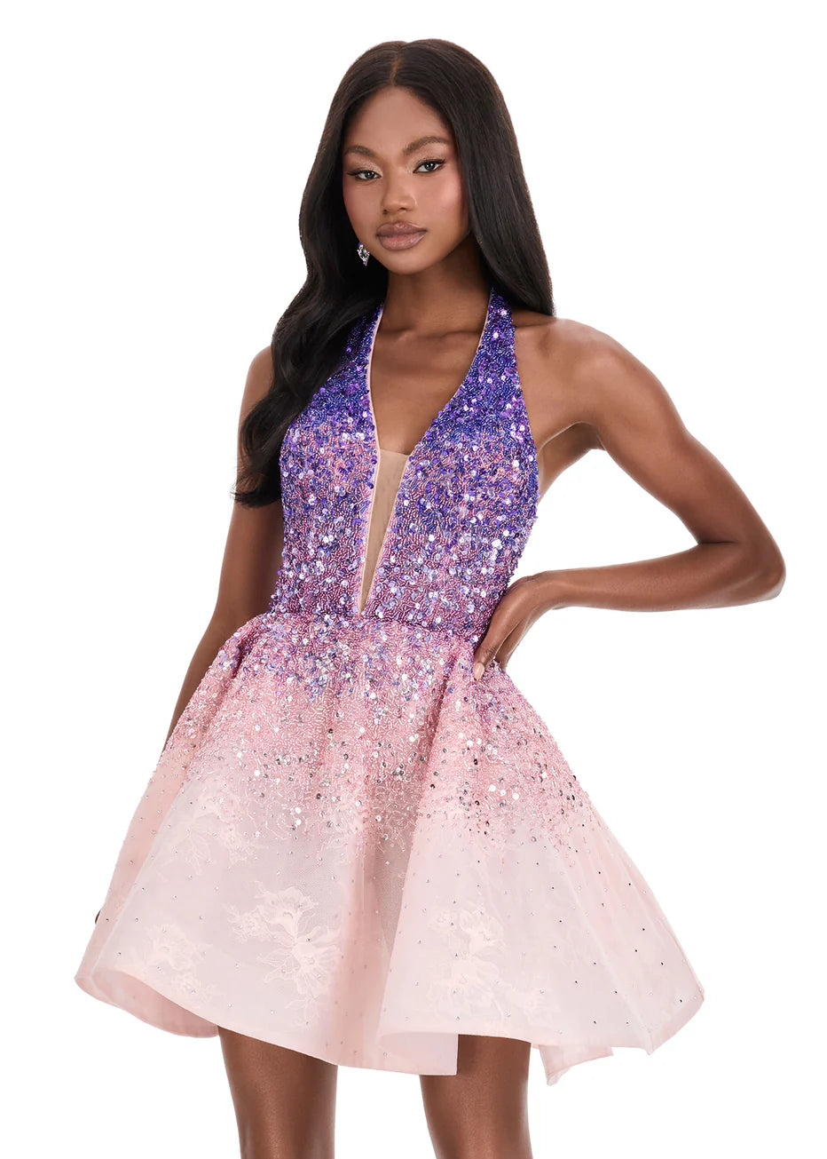 Ashley Lauren 4833 - Plunging Halter Ombre Beaded Dress