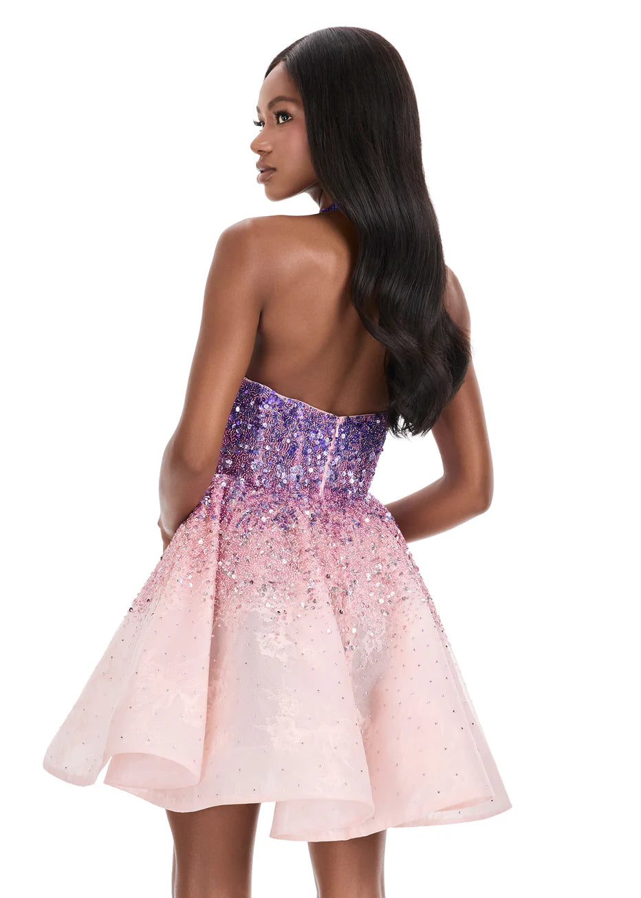 Ashley Lauren 4833 - Plunging Halter Ombre Beaded Dress