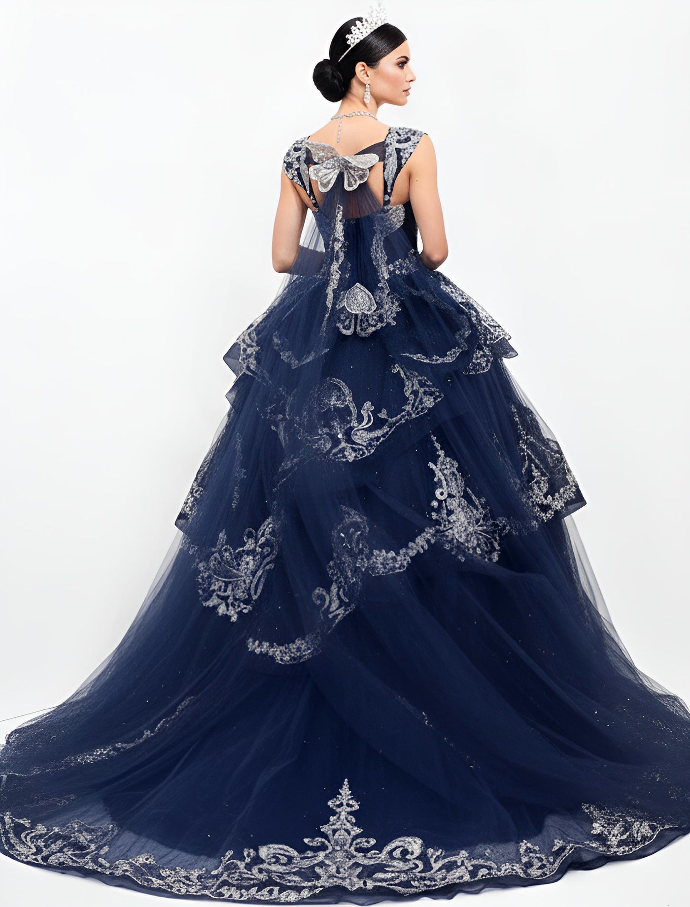 Jovani Q48438 - Silver Embroidery Layered Ballgown Quinceanera Dresses In Blue and Silver