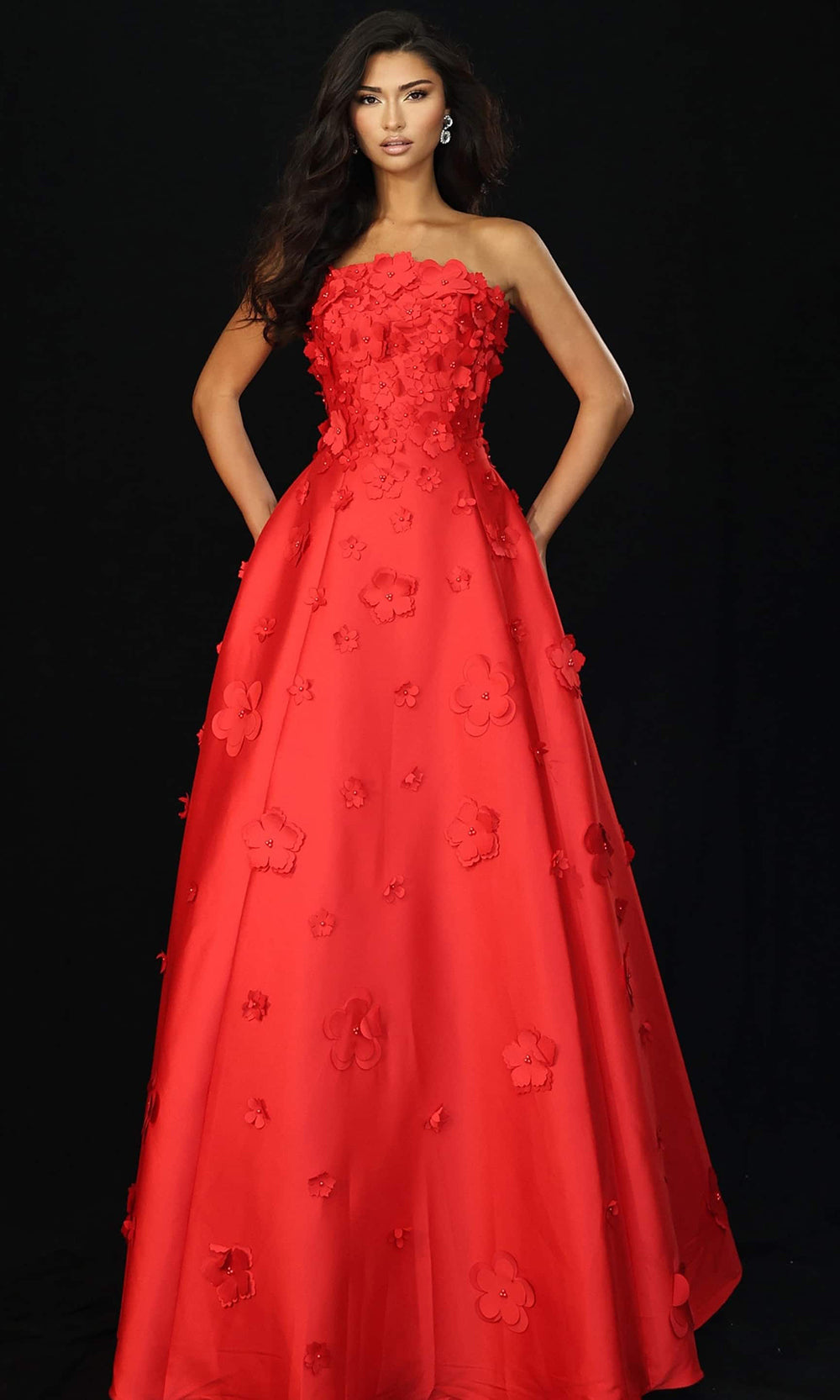 Jovani 48444 - 3D Floral Applique A-Line Satin Gown