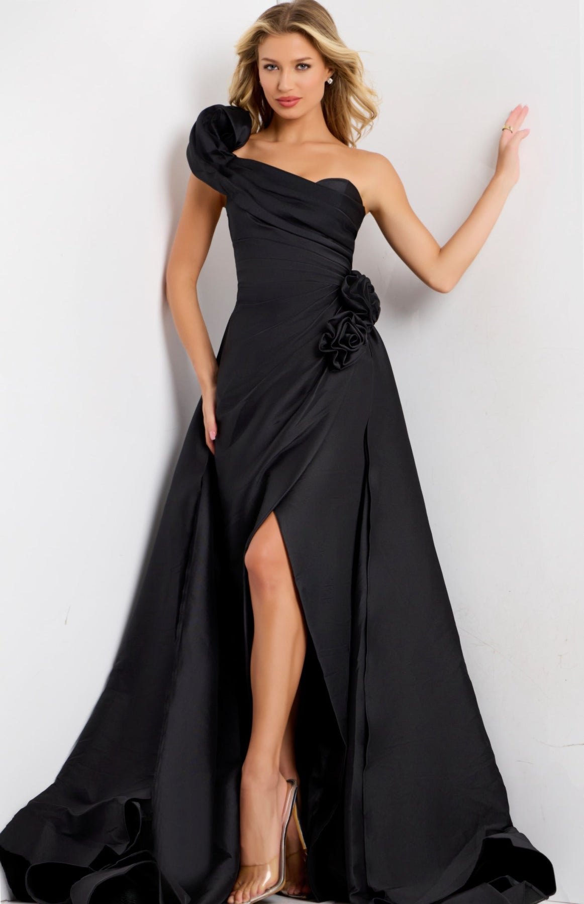 Jovani 48450 - Floral Accent High Slit Asymmetric Dress Formal Gowns In Black