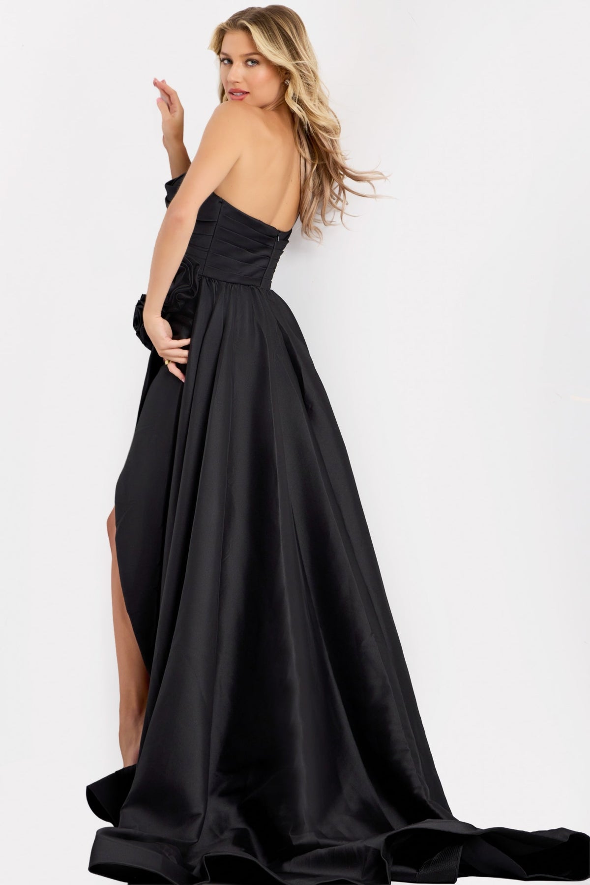 Jovani 48450 - Floral Accent High Slit Asymmetric Dress Formal Gowns In Black