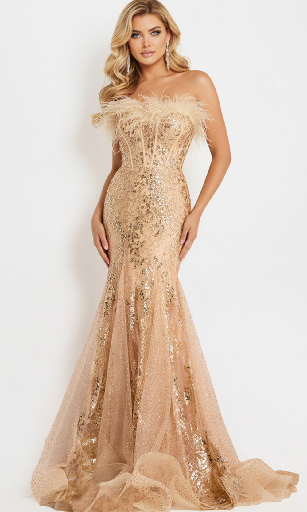 Jovani 48465 - Strapless Feather Trim Mermaid Dress