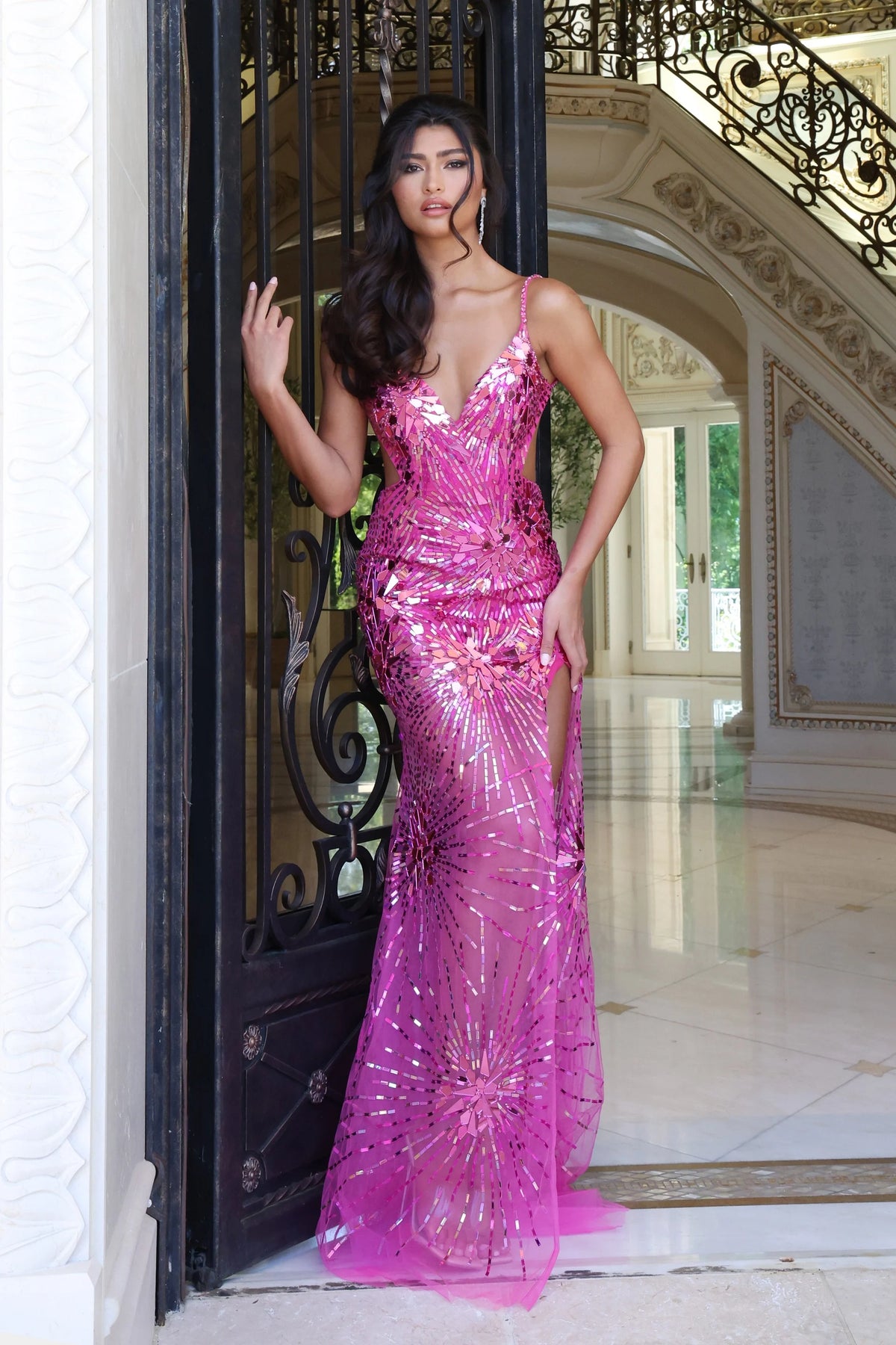 Jovani 48502 - High Slit Sparkling Mesh Gown