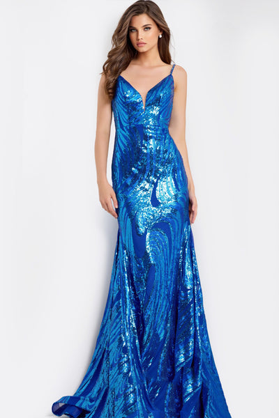 Jovani 48518 - Sequin Fitted Dress with V-Neckline Prom Dresses in In Blue