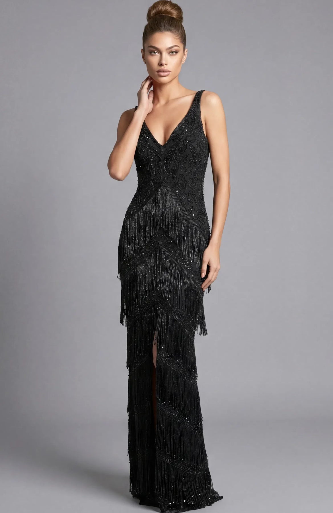 Jovani 48521 - V-Back Sheath Prom Gown with Fringes Prom Dresses