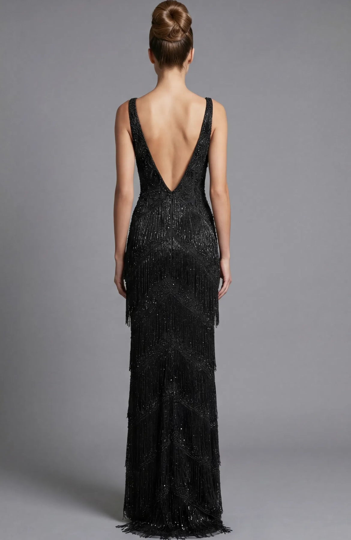 Jovani 48521 - V-Back Sheath Prom Gown with Fringes Prom Dresses