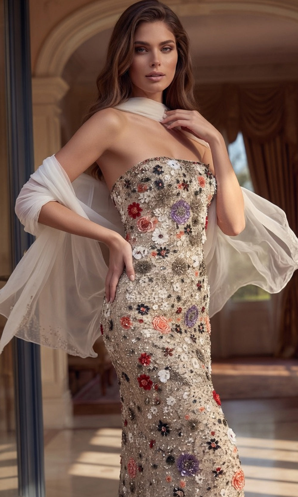 Jovani 48587 - Floral Embellished Straight Neck Gown with Scarf