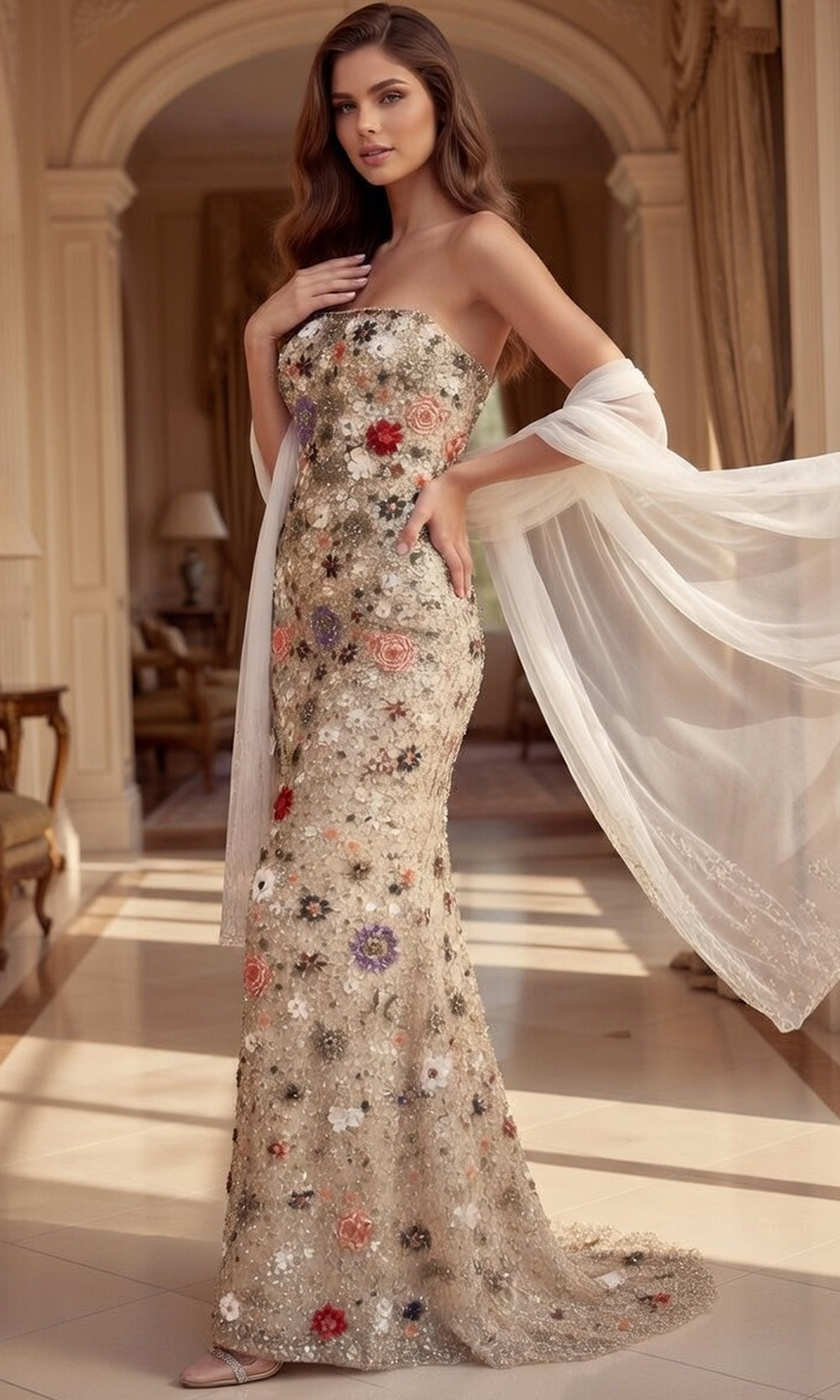 Jovani 48587 - Floral Embellished Straight Neck Gown with Scarf