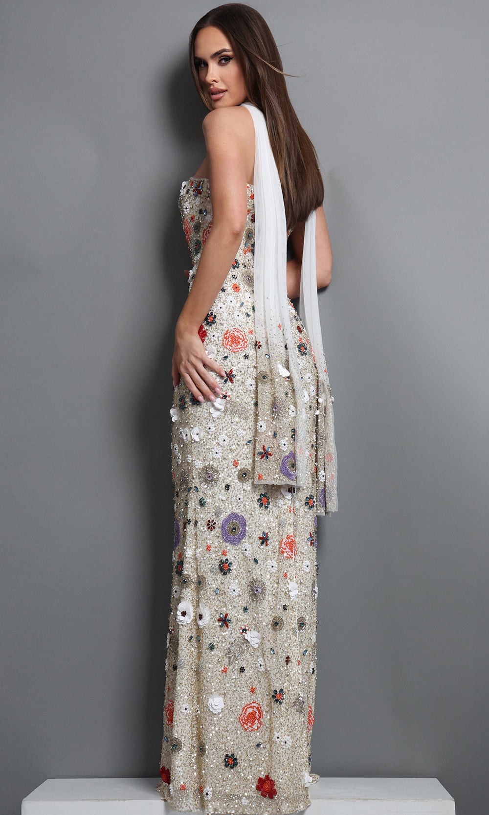 Jovani 48587 - Floral Embellished Straight Neck Gown with Scarf