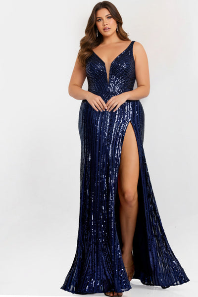 Jovani 48631 - Sequined Bodice Plunged V-Neck Gown Prom Dresses in In Blue