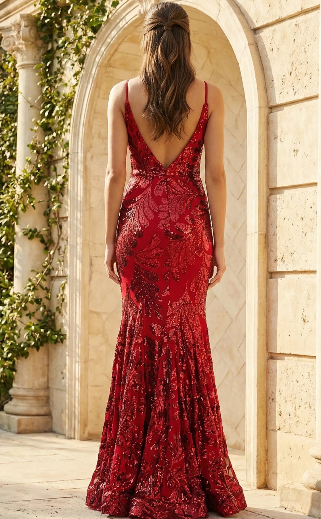 Jovani 48635 - Floral Sequin Spaghetti Strap Gown Prom Dresses