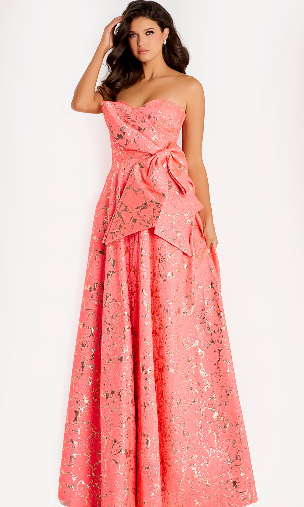 Jovani 48657 - Strapless Jacquard Gown with Oversized Bow