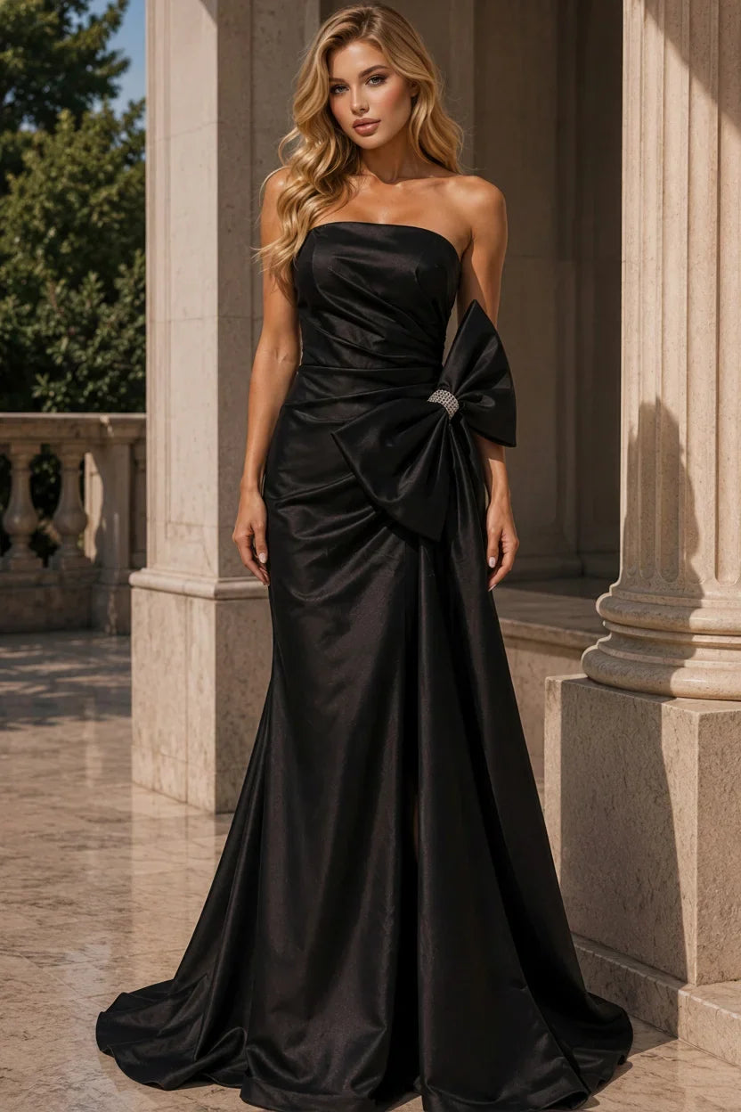 Jovani 48676 - Strapless High Slit Long Gown with Bow Accent