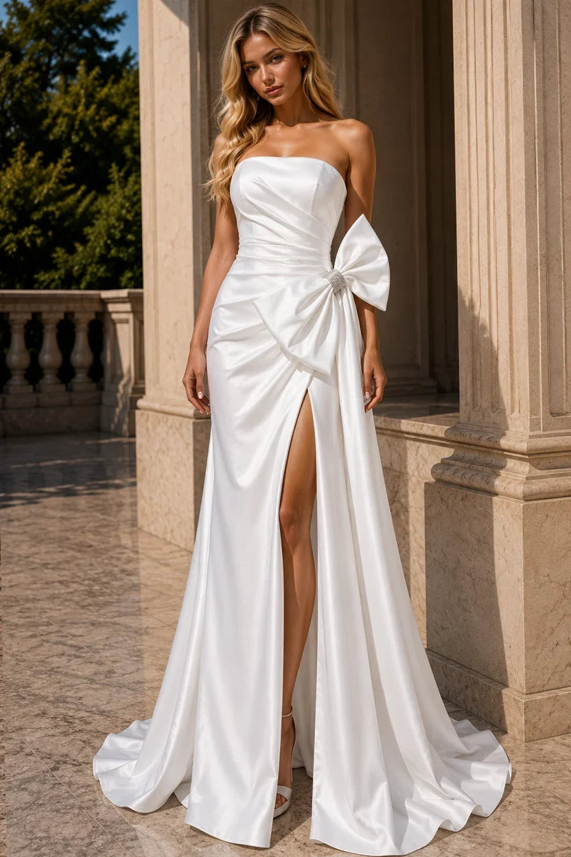 Jovani 48676 - Strapless High Slit Long Gown with Bow Accent