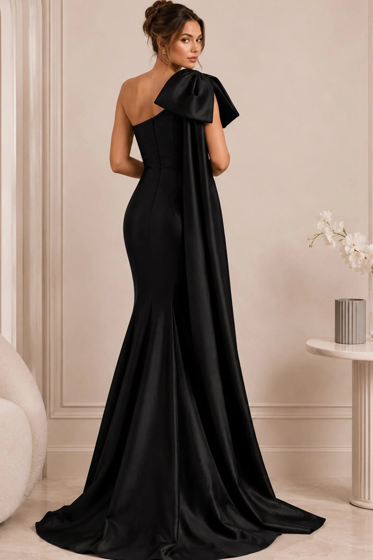 Jovani 48677 - Asymmetric Sheath Gown with Oversized Bow