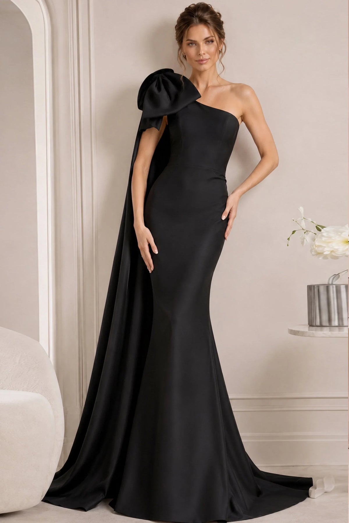 Jovani 48677 - Asymmetric Sheath Gown with Oversized Bow