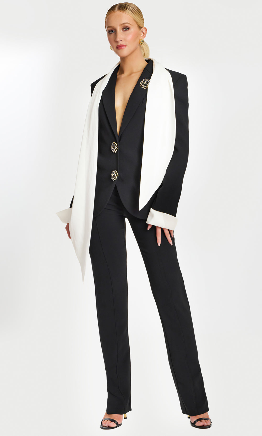 Jovani 48680 - Long Sleeve Fitted Pantsuit with Floral Buttons Formal Pantsuits  in Black Off white