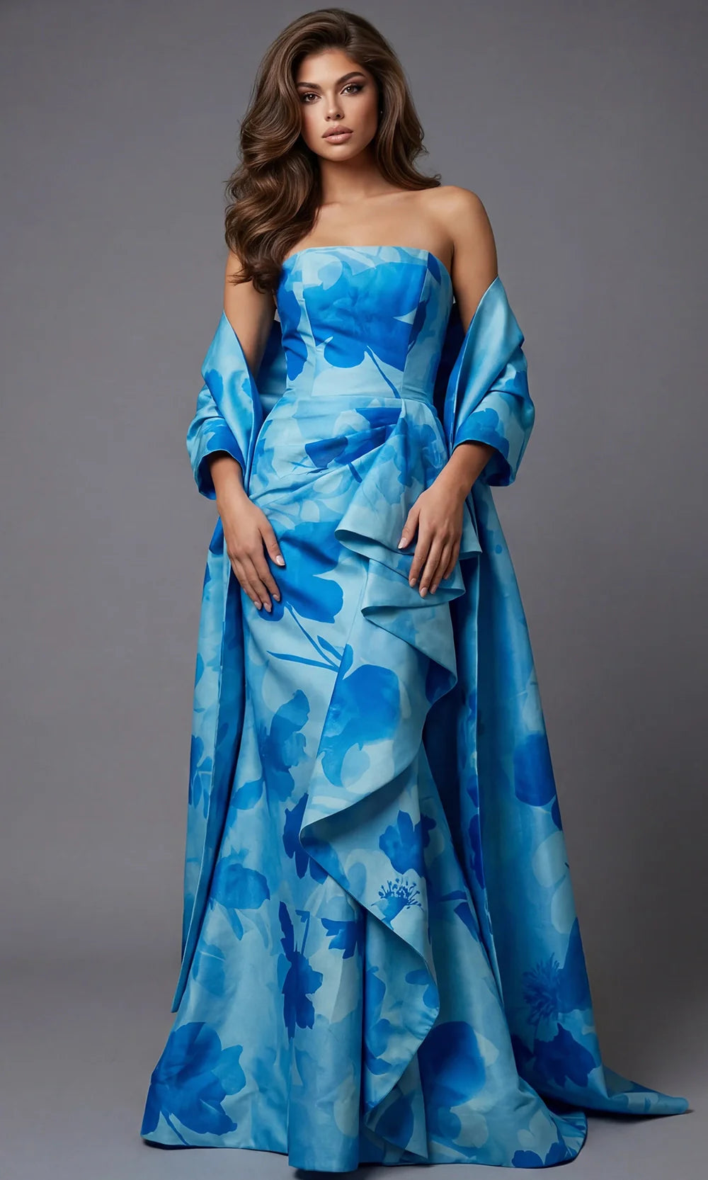 Jovani 48705 - Floral Strapless Gown with Cascading Ruffle Mother of the Bride Dresses  in Blue  