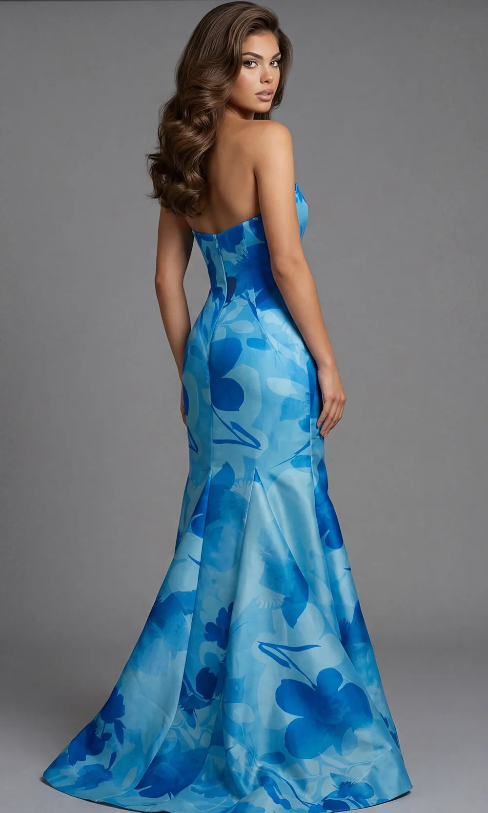 Jovani 48705 - Floral Strapless Gown with Cascading Ruffle Mother of the Bride Dresses  in Blue  