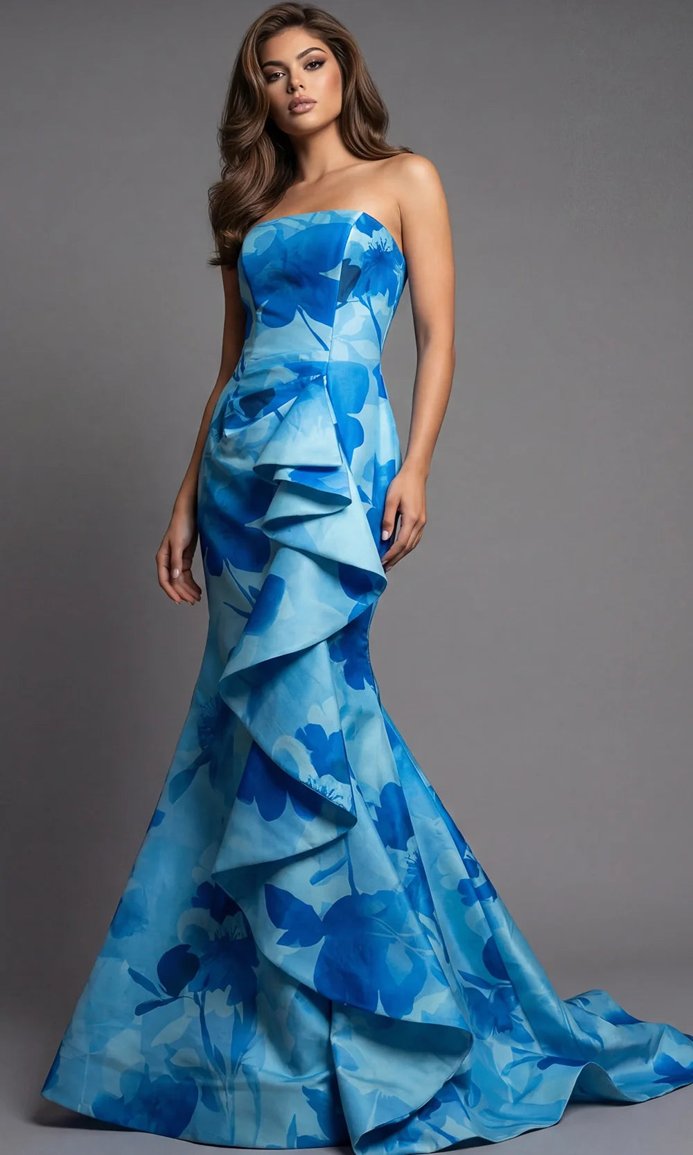 Jovani 48705 - Floral Strapless Gown with Cascading Ruffle Mother of the Bride Dresses  in Blue  