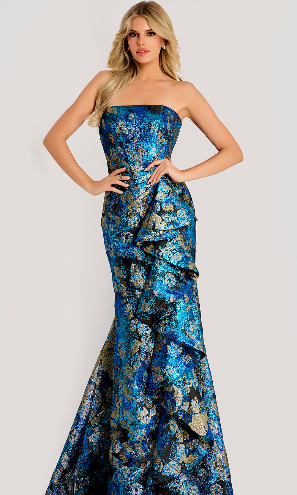 Jovani 48706 - Metallic Brocade Strapless Gown with Ruffles