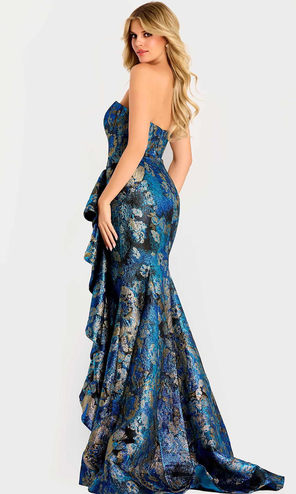 Jovani 48706 - Metallic Brocade Strapless Gown with Ruffles