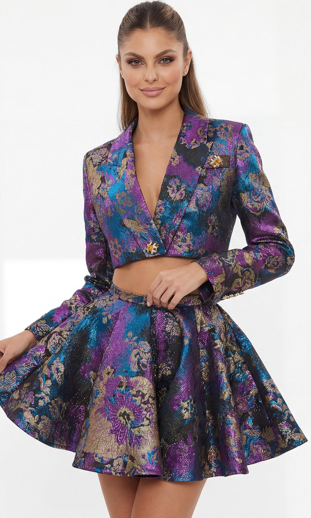 Jovani 48723 - Cropped Jacket Flared Mini Dress Cocktail Dresses  in Purple  