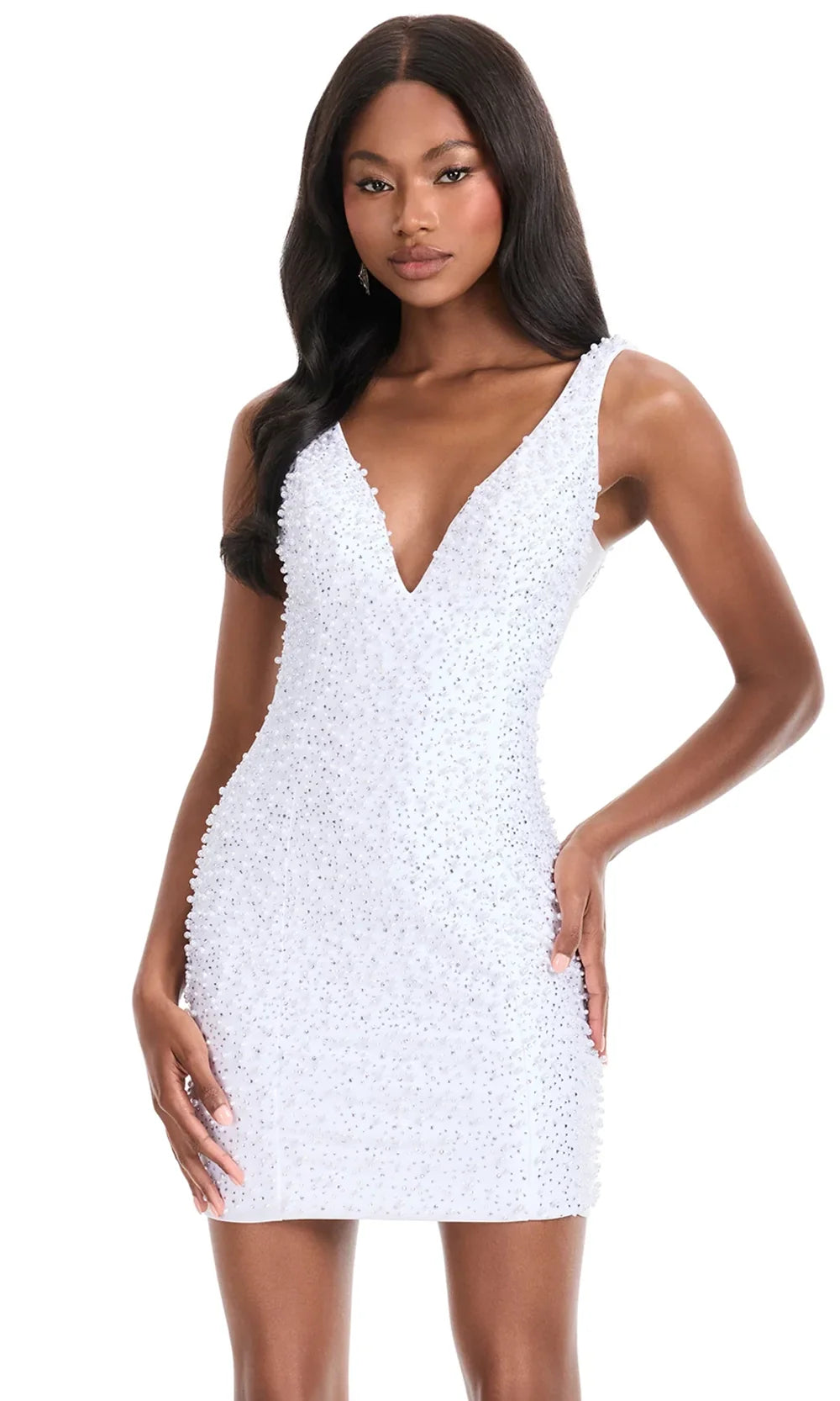 Ashley Lauren 4873 - Allover Beaded Illusion Sides Min i Dress in White 