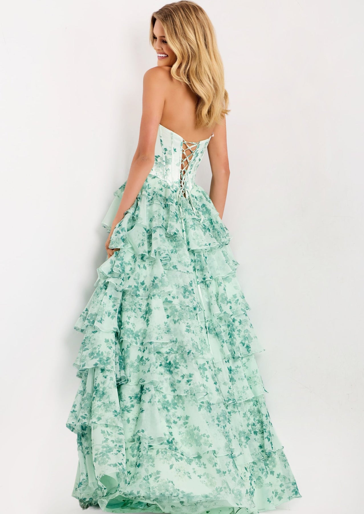 Jovani 48772 - Floral Print Tiered Ruffle Ball Gown Prom Dresses in Green