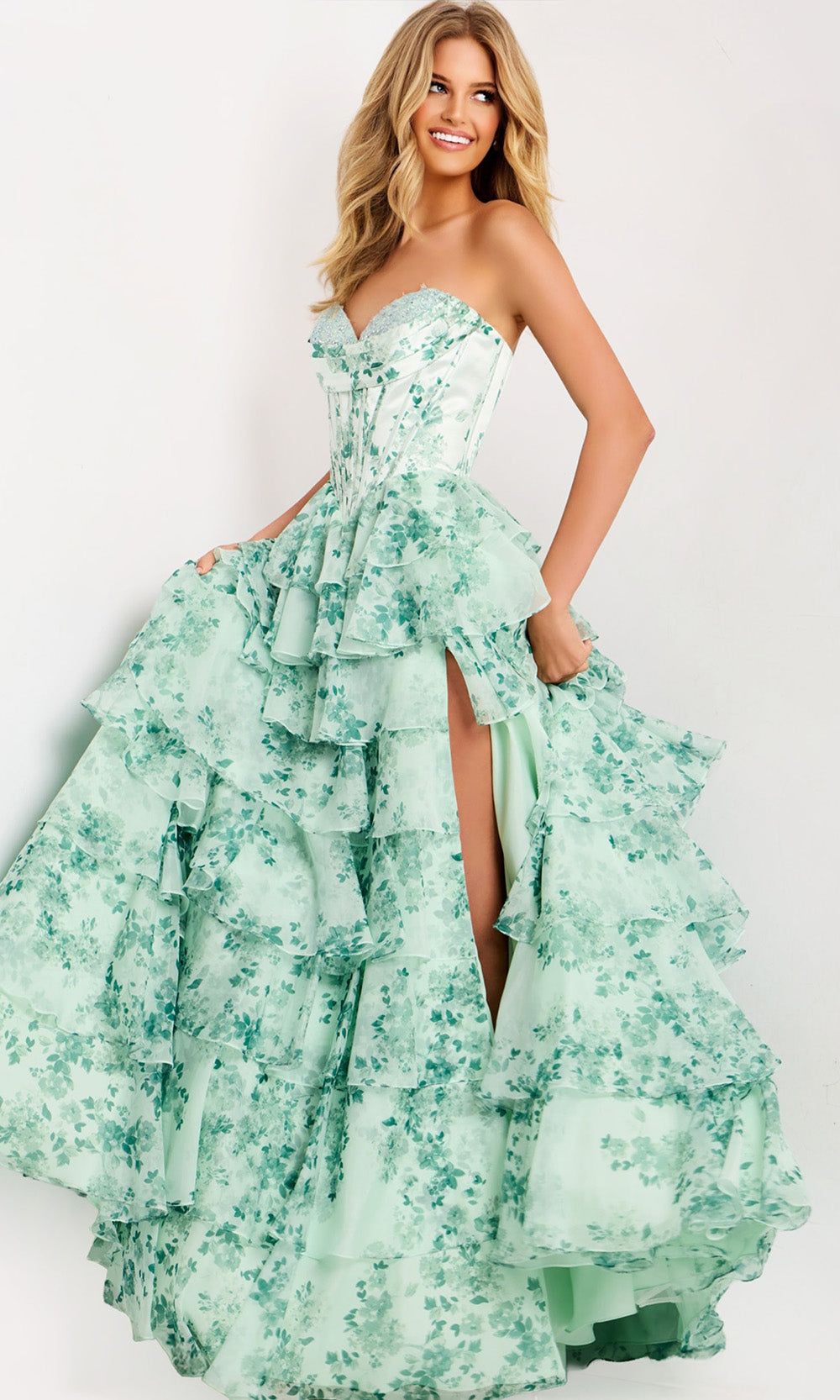 Jovani 48772 - Floral Print Tiered Ruffle Ball Gown