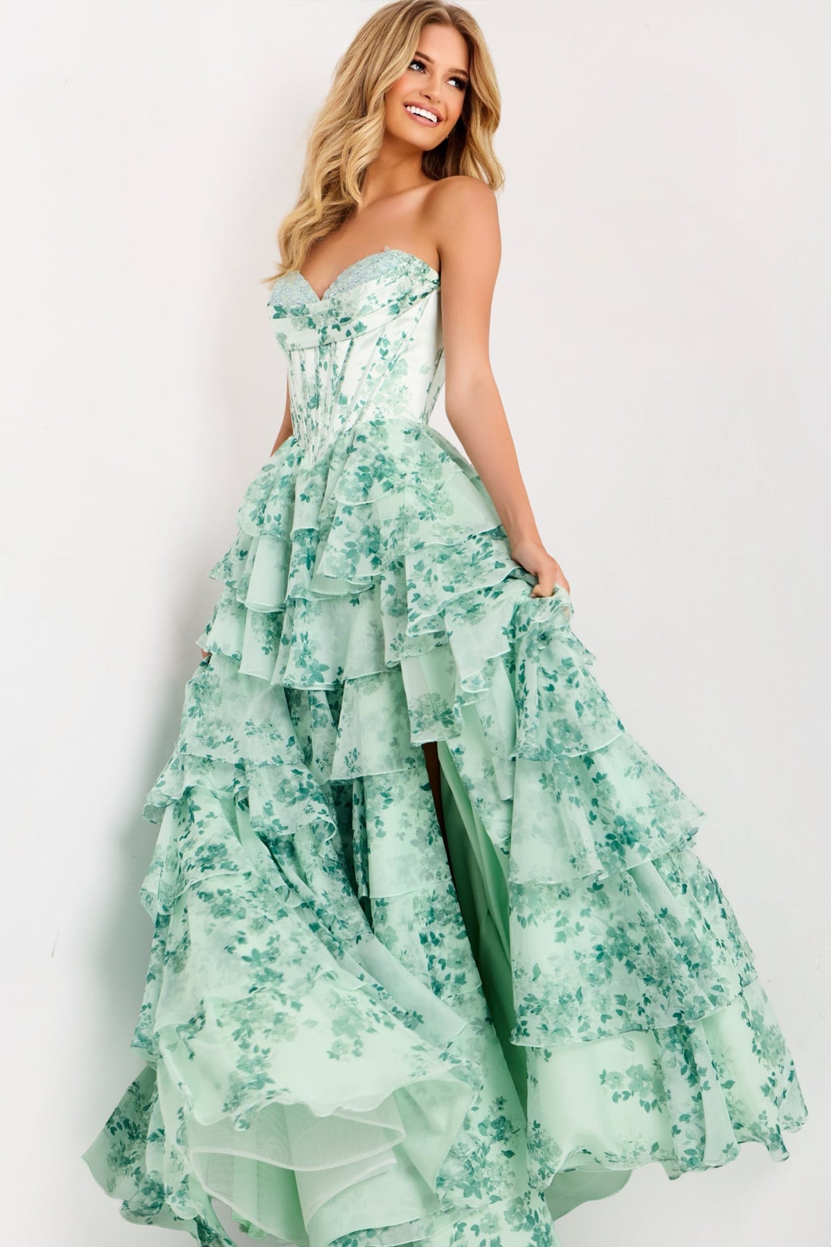 Jovani 48772 - Floral Print Tiered Ruffle Ball Gown Prom Dresses in Green