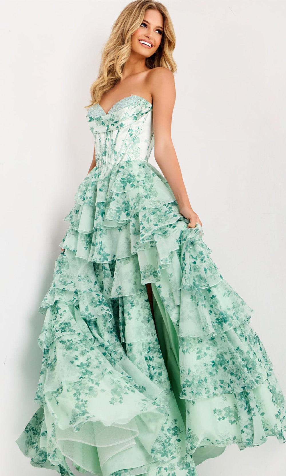 Jovani 48772 - Floral Print Tiered Ruffle Ball Gown