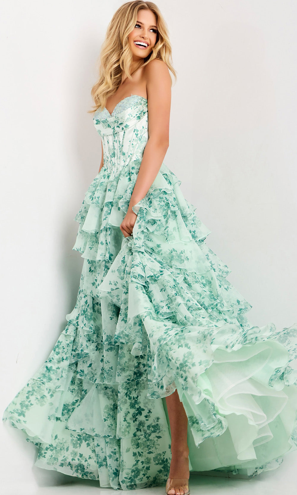 Jovani 48772 - Floral Print Tiered Ruffle Ball Gown