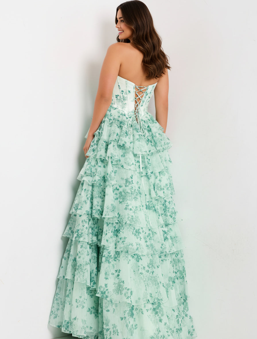 Jovani 48772 - Floral Print Tiered Ruffle Ball Gown Prom Dresses in Green