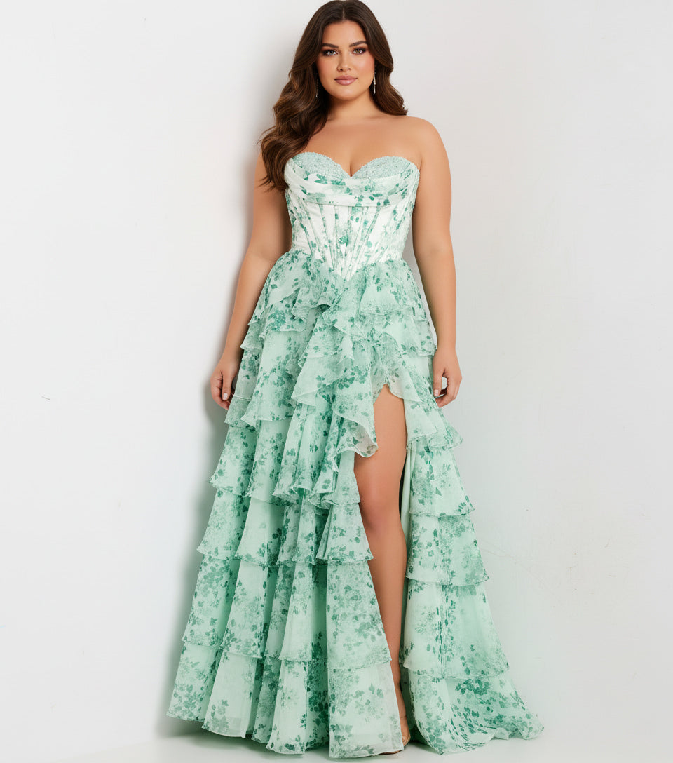 Jovani 48772 - Floral Print Tiered Ruffle Ball Gown Prom Dresses in Green