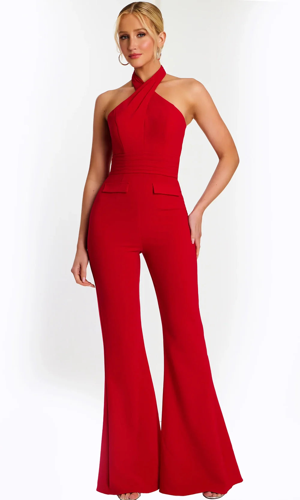 Jovani 48809 - Halter Neck Evening Jumpsuit with Pleated Waist Formal Pantsuits  in Red  