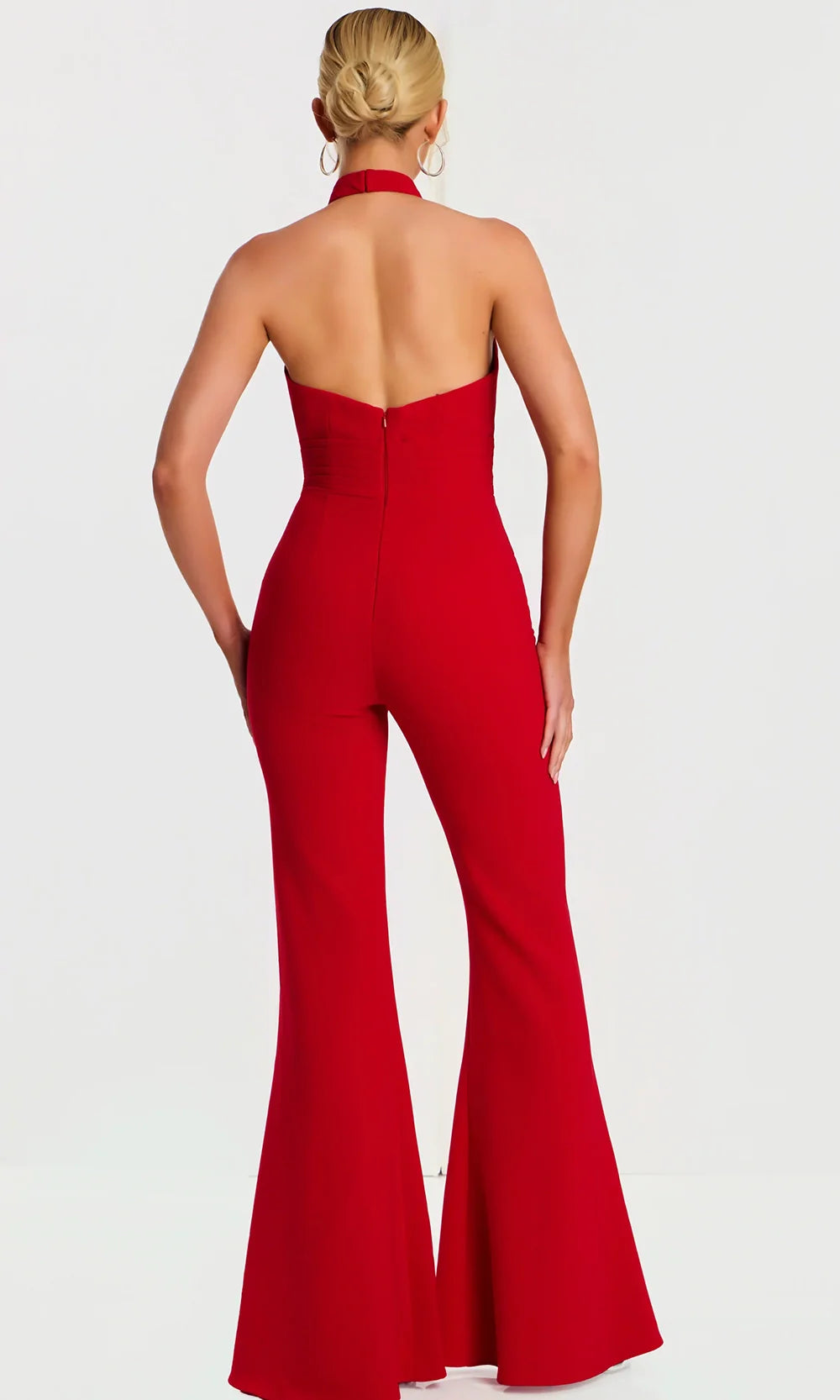Jovani 48809 - Halter Neck Evening Jumpsuit with Pleated Waist Formal Pantsuits  in Red  