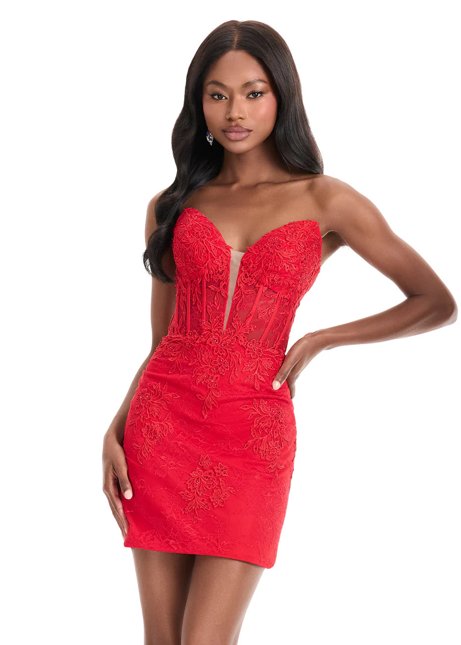 Ashley Lauren 4880 - Sweetheart Neckline Floral Lace Short Dress