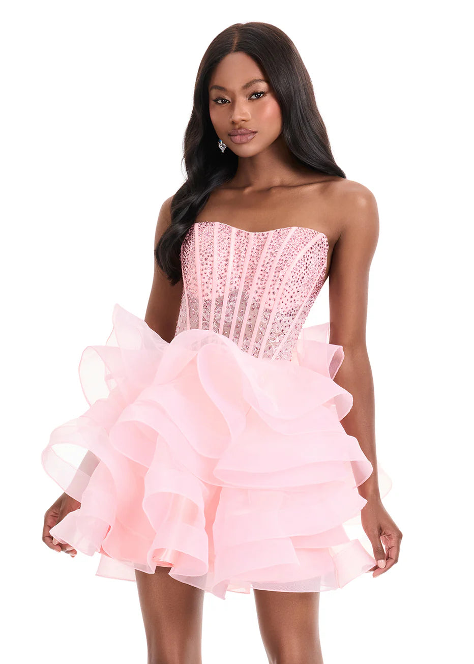 Ashley Lauren 4883 - Embellished Corset Dress with Organza Ruffles