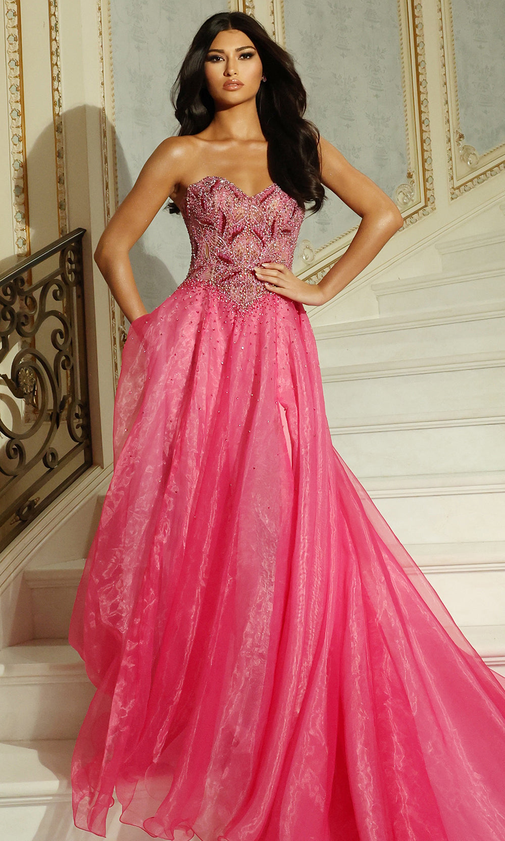 Jovani 48906 - Beaded Embroidered Sweetheart Organza Gown In Pink