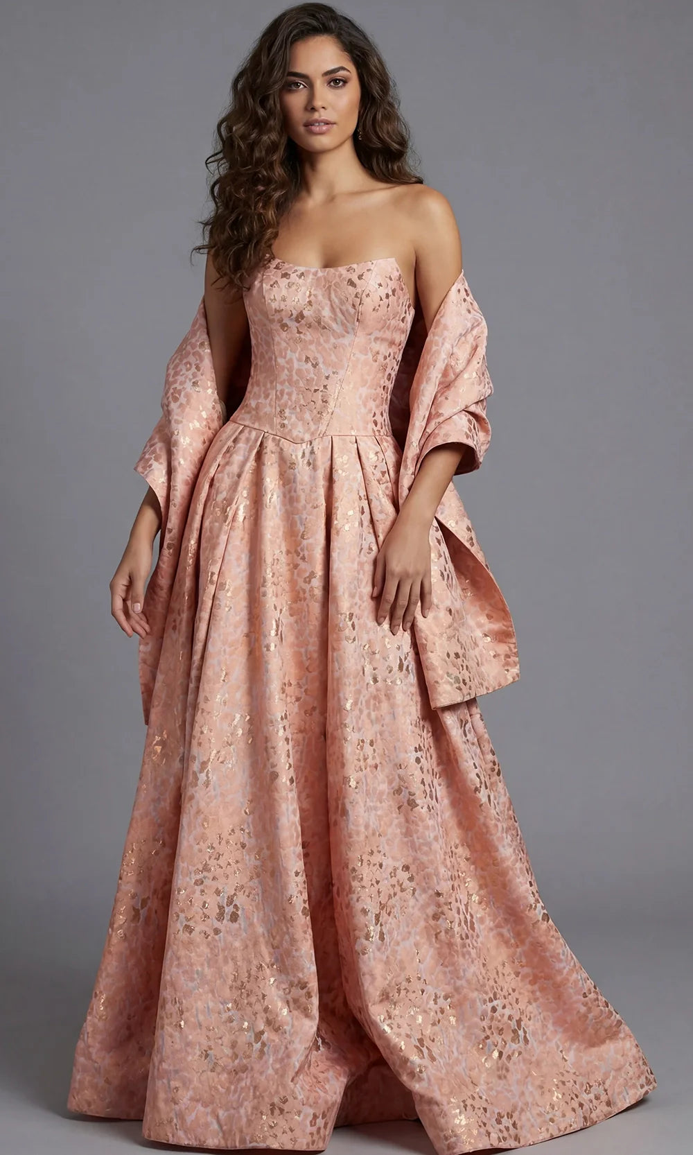 Jovani 49001 - Pleated Full Skirt Jacquard Gown Ball Gowns  in Peach  
