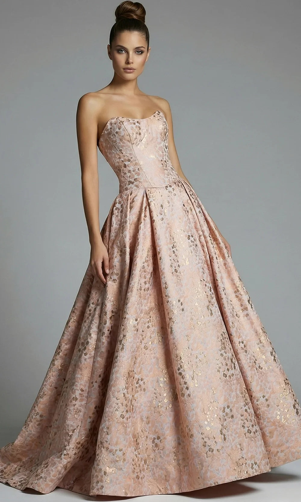 Jovani 49001 - Pleated Full Skirt Jacquard Gown Ball Gowns  in Peach  