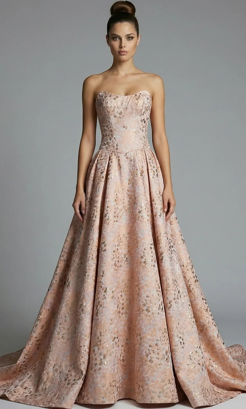 Jovani 49001 - Pleated Full Skirt Jacquard Gown Ball Gowns  in Peach  