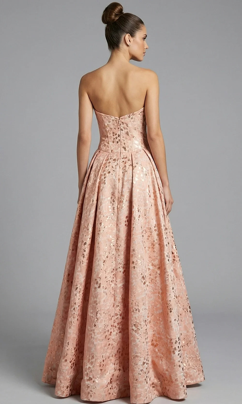 Jovani 49001 - Pleated Full Skirt Jacquard Gown Ball Gowns  in Peach  