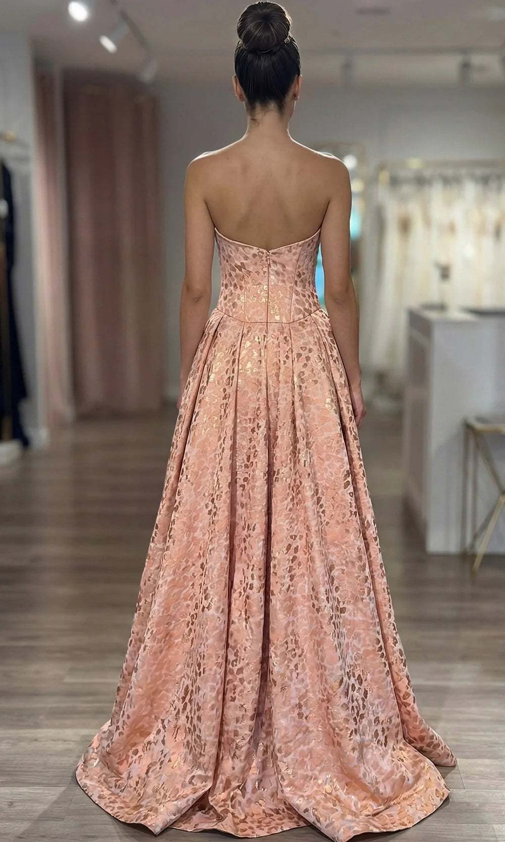 Jovani 49001 - Pleated Full Skirt Jacquard Gown Ball Gowns  in Peach  